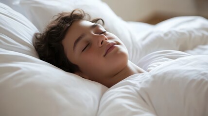 A peaceful child sleeping in a cozy bed with white linens.