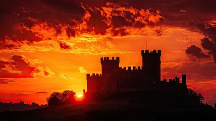Obraz premium A majestic castle silhouette against a vibrant sunset, showcasing rich colors and dramatic clouds in the evening sky.