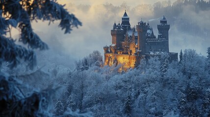 Fototapeta premium A majestic castle surrounded by snow-covered mountains, glowing in the winter twilight, evoking a sense of wonder and enchantment.