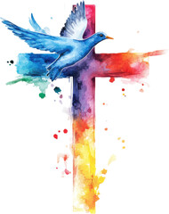 A colorful cross with a blue bird flying over it. The bird is positioned above the cross, with its wings spread out. Concept of freedom and peace, as the bird soars above the cross