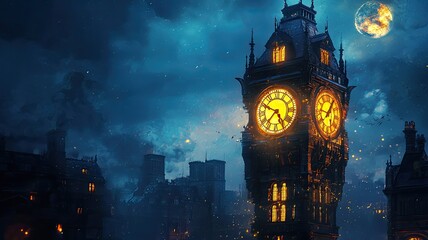 A majestic clock tower illuminated at night, surrounded by a moody sky and mysterious atmosphere, evoking a sense of wonder.