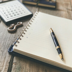 clean modern image of a notebook open to a blank page A pen is placed beside the notebook ready to write In the background a small delicate snake charm lies next to a calendar showing January 1st