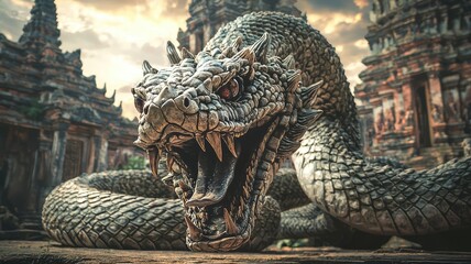 Fototapeta premium A majestic dragon sculpture coiled in an ancient temple, showcasing detailed craftsmanship amidst a mystical landscape.