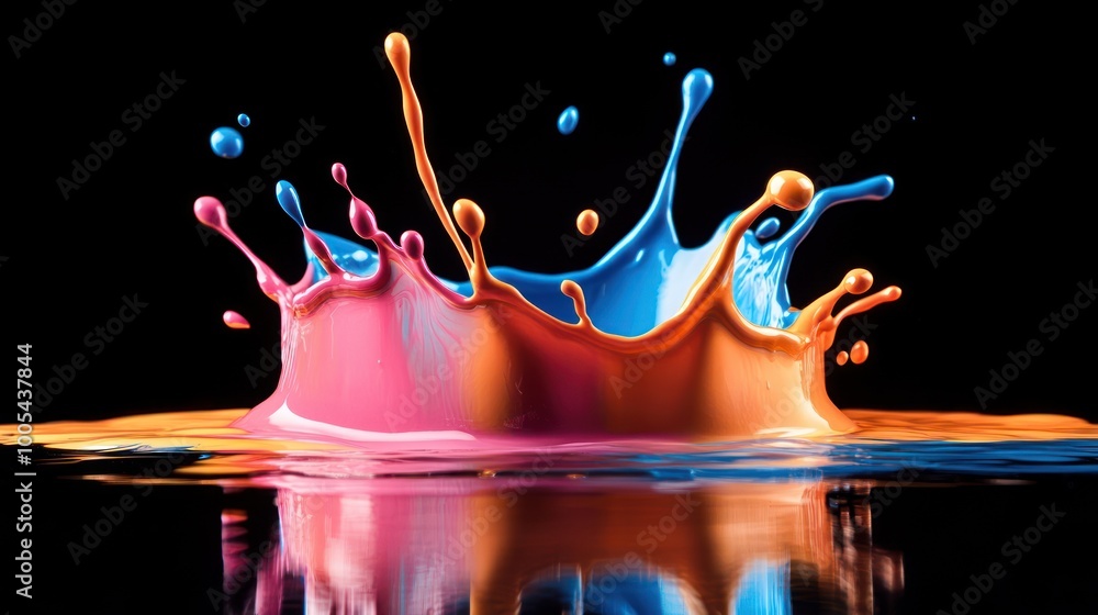 Poster a vibrant splash of colored liquid against a black background, creating an artistic visual effect.