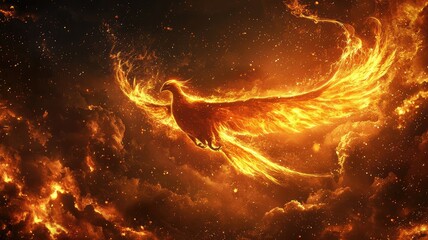 A majestic flame-colored phoenix soaring through a fiery sky, symbolizing rebirth and immortality with vibrant hues and ethereal beauty.