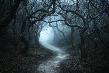 Naklejka premium A misty forest path shrouded in fog, with twisted branches creating an eerie atmosphere, inviting exploration and mystery.