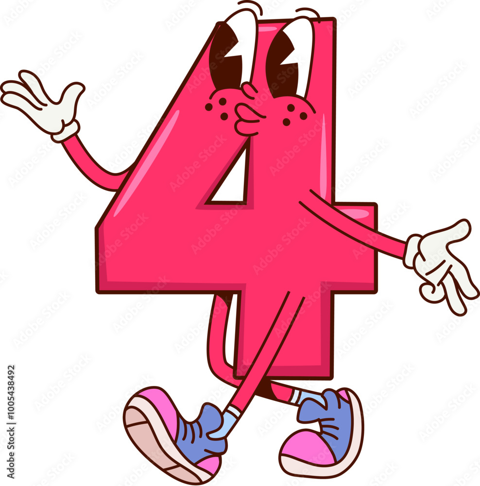 Poster math number four groovy character. isolated cartoon vector whimsical funny digit 4 personage with go