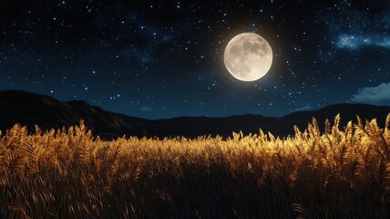 Full moon and Japanese pampas grass in midnight,The harvest Miscanthus sinensis and full moon,beautiful night sky in the countryside with the perfect moon exudes beauty in the dark.