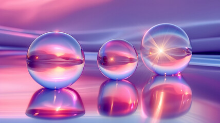 Colorful reflective spheres creating abstract patterns on a serene backdrop