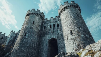 A majestic stone castle with towering turrets, surrounded by a dramatic sky, showcasing historical architecture and beauty.