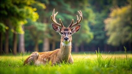 A graceful buck rests in a field of tall green grass, his antlers reaching towards the sky