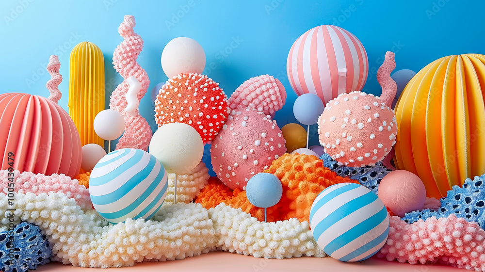 Poster a vibrant display of colorful abstract spheres and forms in a whimsical landscape
