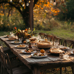 warm inviting shot of a farmtotable autumn feast set outdoors on a long wooden table The table is adorned with seasonal dishes such as roasted vegetables pies and fresh bread all presented in rustic