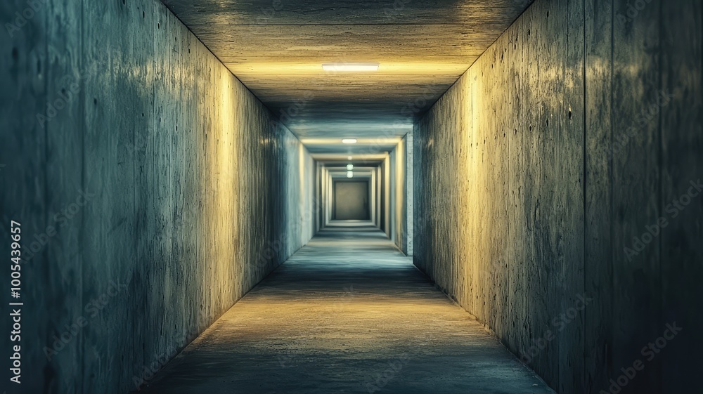Poster a mesmerizing view of a long, illuminated concrete tunnel, showcasing depth and perspective, perfect