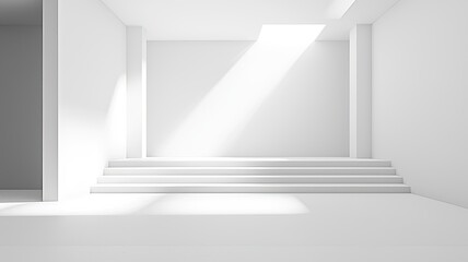 Obraz premium A minimalistic white room with steps, featuring natural light streaming through, creating a serene and open atmosphere.