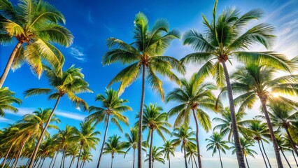 Fototapeta premium A vibrant canopy of palm trees reaching for the sun, their fronds framing a breathtaking blue sky.