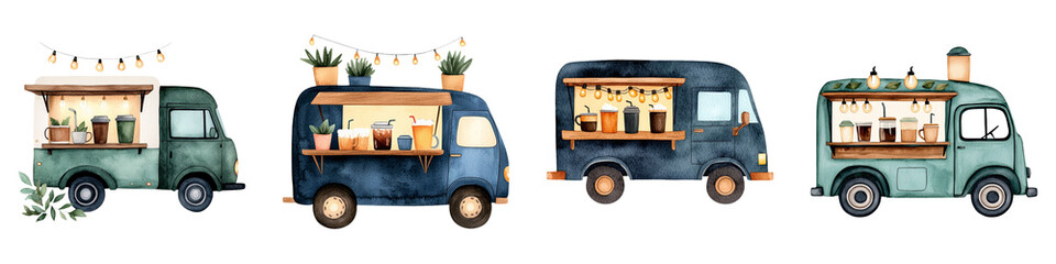 A colorful illustration of four food trucks, each with unique designs and vibrant signage, set against a dark background.