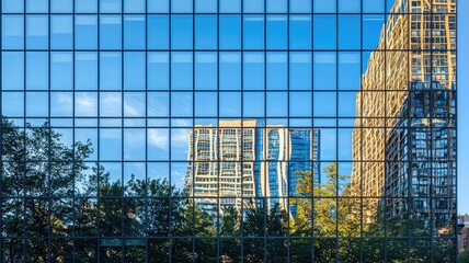 Obraz premium A modern building with reflective glass facade, reflecting a city skyline with other buildings and trees.