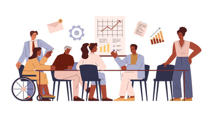 Vector illustration business team, including a person with disabilities, an adult male at a table