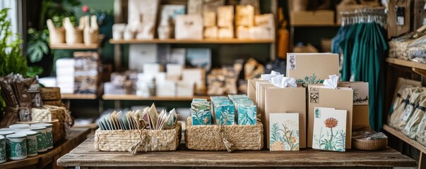 An eco-friendly gift shop offering products made from sustainable materials, including recycled paper greeting cards and organic cotton clothing