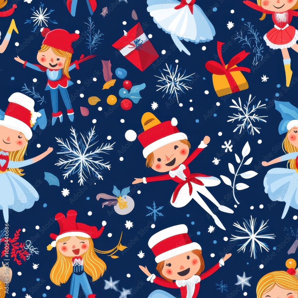 Wall mural Festive Seamless Design with Nutcrackers and Ballerinas