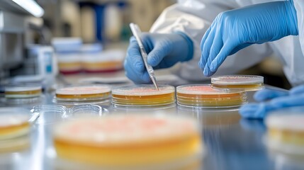Gloved Hand Examining Agar Plates in a Laboratory Setting