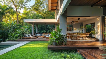 Fototapeta premium A modern outdoor living space blending luxury and nature, featuring lush greenery, a pool, and comfortable seating for relaxation.