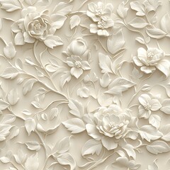 3D floral wallpaper with white flowers and leaves