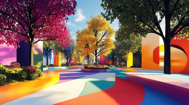 Abstract concept of outdoor scenery rendered in vibrant colors with elements of modern design creating an inviting and lively atmosphere without clear human presence