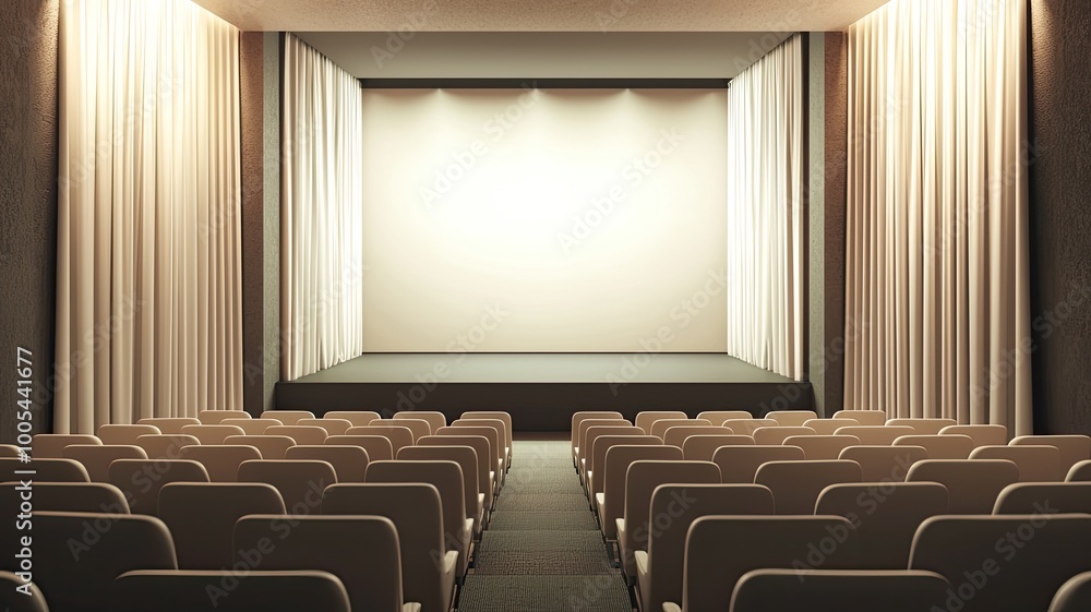 Poster a modern theater interior with empty rows of seats and curtains, ready for a performance or presenta