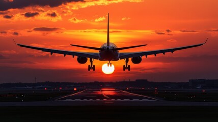 Airplane landing at sunset, sky filled with vibrant hues, silhouette effect.