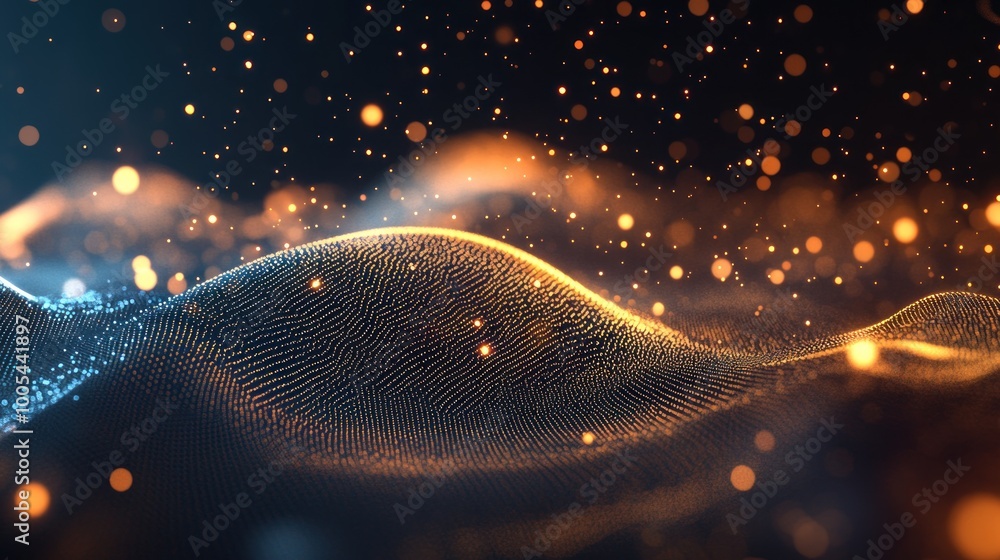 Poster abstract visualization of flowing waves with glowing particles, suggesting movement and energy.