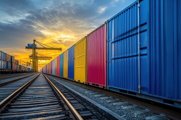 Colorful freight containers on railway at sunset