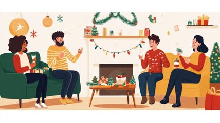 Four Friends Enjoying Christmas Festivities in a Cozy Living Room