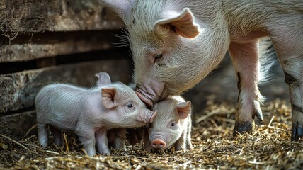 A mother pig gently nuzzles her two adorable piglets in a cozy barn, capturing a sweet moment of farm life and animal affection.