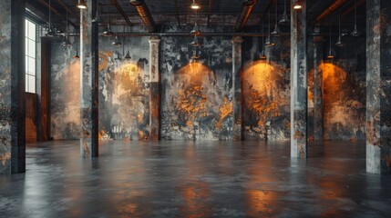 Naklejka premium Dark industrial style of interior design with grunge walls and brick pillars, loft style, 3d render