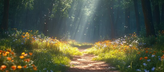 Obraz premium A sunlit path winding through a lush, green forest, with vibrant wildflowers lining the way.