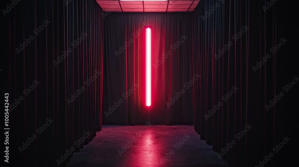Poster a mysterious corridor illuminated by a striking red light, surrounded by dark curtains, creating an 
