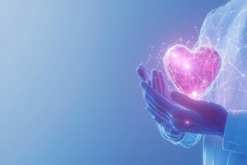 Digital Heart Held in Hands with Network Connections