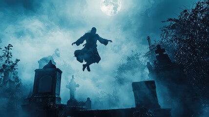 A mysterious figure hovers over a graveyard under a full moon, surrounded by fog, creating an eerie atmosphere.