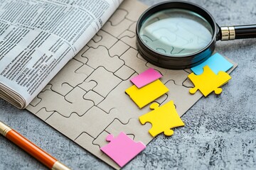 3D illustration of grey puzzle pieces with a red one put under magnifying glass. 