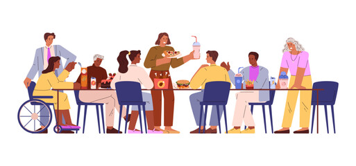 Vector illustration different people, including a person with disabilities, an adult man, a at lunch