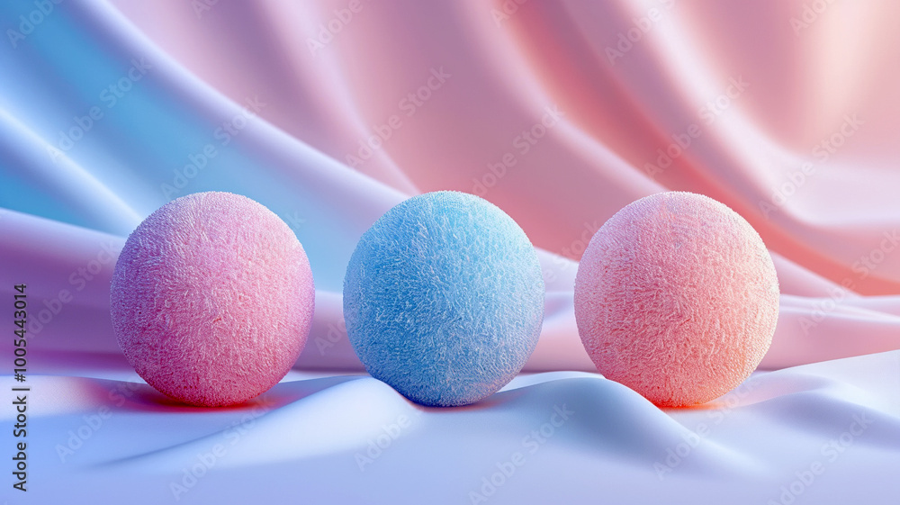 Poster pastel colored spheres resting elegantly on soft fabric in a tranquil setting