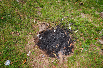 Fototapeta premium top view of burning residue isolated on grass, black grass and charcoal on green grass.
