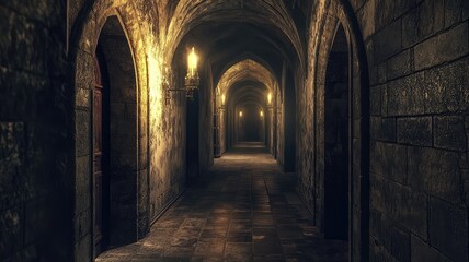 Fototapeta premium A mysterious, dimly lit stone corridor with arched ceilings and flickering lights, evoking a sense of intrigue and history.