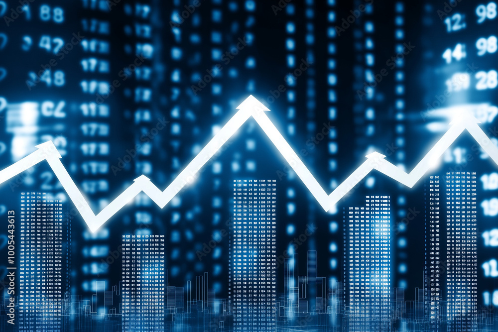 Poster a rising stock market graph with arrows pointing upwards, surrounded by glowing numbers and financia