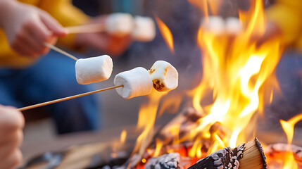 Families roasting marshmallows over a crackling fire pit, making delicious summer s'mores treats