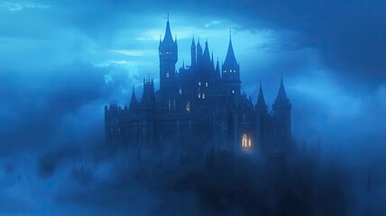 Fototapeta premium A mystical castle shrouded in fog, bathed in blue light, creating a serene and enchanting atmosphere.