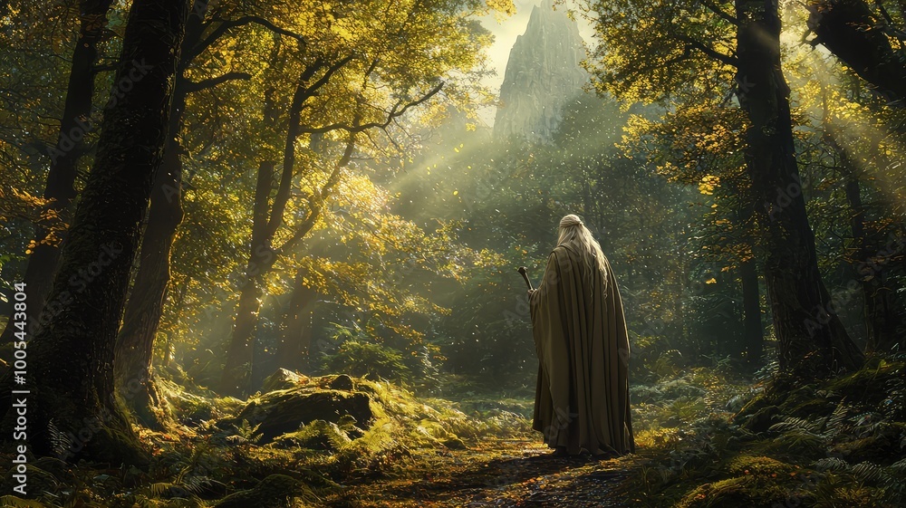 Poster a mystical figure in a cloak stands in an enchanted forest, surrounded by sunlight filtering through