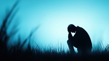 Silhouette of Contemplation in a Blue Landscape